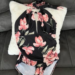 NWT black and floral halter swimsuit